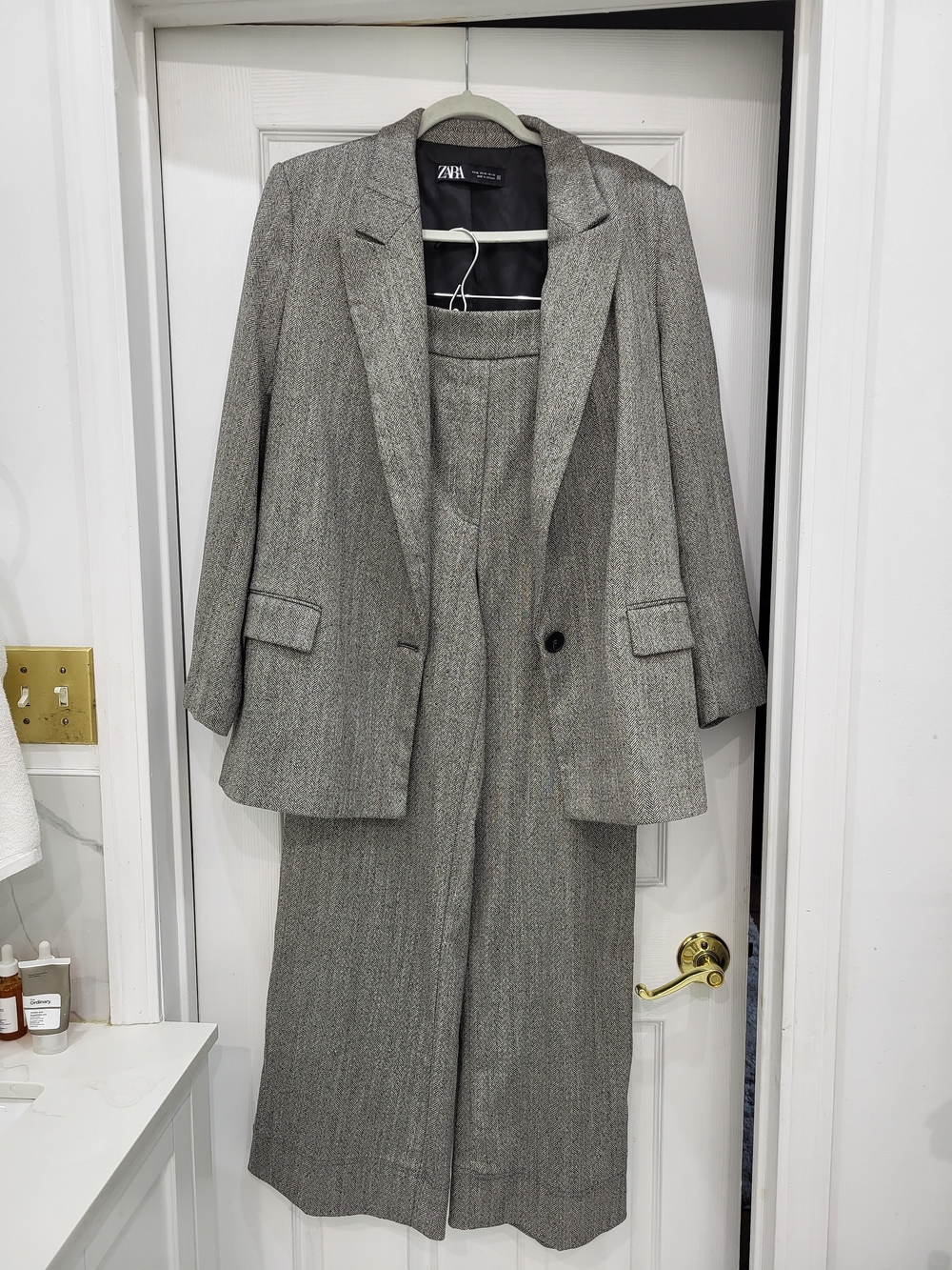 ZARA Gray Tweed Blazer & Wide Leg Trouser Set. Size XL